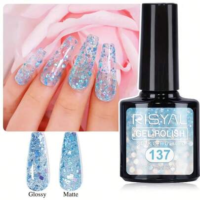 RISYAL RISYAL Sky Blue Glitter Nail Polish Gel 7.3Ml, Matte And Glossy Glitter Nail Gel, Can Be Freely DIY Combined With Other Nail Gels.