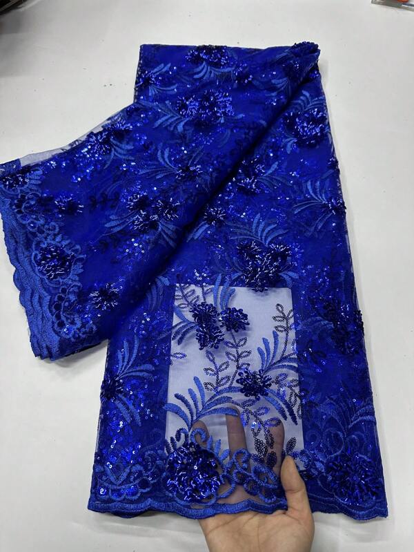 2025 New Stylish Premium Blue/Gold Sequin Floral Embroidery Lace Trim Net Fabric, 1yd/5yds Women's Garment Handcraft Sewing Thin Mesh Lace Fabric, Suitable For African/Nigerian/French Red/Silver Women Wedding Gown Party Evening Dress Making Apparel Sewing Fabric, Home DIY Decor Fabric
