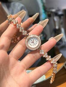 jw 1 Piece Women's Rose Gold Simple Alloy Bracelet , Exquisite Round Dial, Casual And Exquisite Highly Attractive Women's Watches Rhinestone Dial, Women's Fashion Bracelet Watches, Luxury Quartz Watches Suitable For Daily Decorations, Wear And Party Commuting Trip