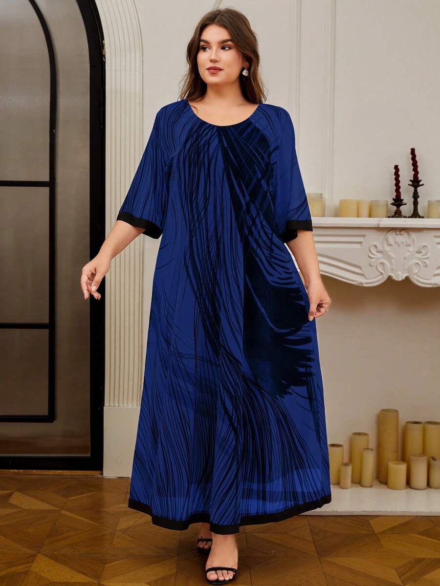 DEARCASE Vestido Elegante Talla Grande con Estampado y Ribete de Bloques de Color para Verano - Azul - Ver 1