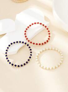 3pcs Set Beaded Bracelet, Minimalist Design In Red, White And Blue, Casual Everyday Wear, 4th Of July Independence Day Decoration