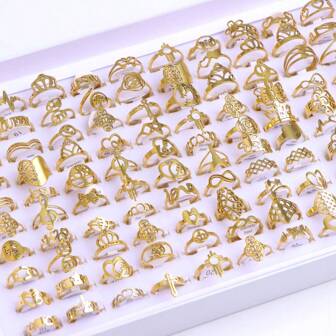 20 件/套精致夸张镂空几何金色不锈钢女士戒指，混合设计，适合派对、宴会、日常佩戴