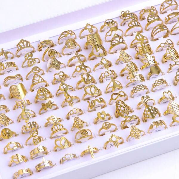 20pcs/Set Delicate Exaggerated Hollow Geometric Gold Stainless Steel Rings For Women, Mixed Designs For Party, Banquet, Daily Wear