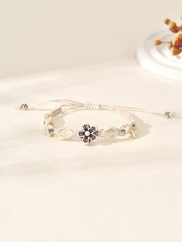 1pc Women Fashion Boho Handmade Woven Single Eye Bead & 5-Petal Flower Bracelet/Anklet, Adjustable Leisure Couples Bracelet, Suitable For Daily Wear