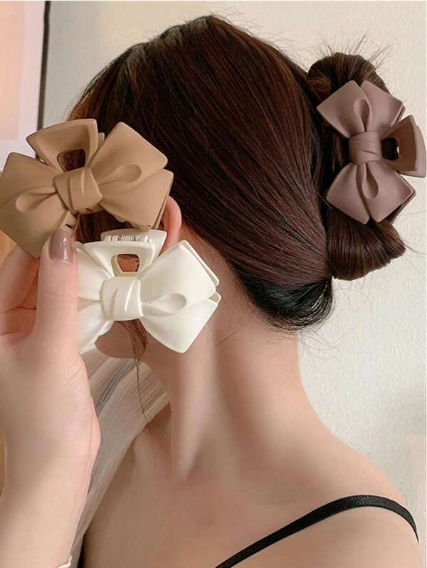 3 pezzi Fermagli per capelli da donna da 9 cm, bianchi, color cachi e marroni, con fiocco, accessori da capelli eleganti e semplici di moda, per acconciature con coda di cavallo, chignon, per la routine quotidiana, occasioni casual, feste, vacanze, lavaggio del viso, trucco, San Valentino