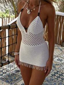 Apperloth A Women's Sexy Elegant Knitted Big V Neck Backless Hollow Out Bodycon Vacation Dress For Beach Outfit - White - View 1