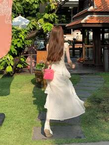 IUNQ 3D Floral Sleeveless Gal Mini Skirt, 3D Polka Dot Accessories, Square Neck Scallop Irregular, Korean Style, Layered Tiered Ladies Dress - 杏色 - 查看 2