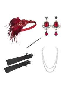 20 世纪 20 年代复古羽毛发饰套装，晚会服装道具，包括头带、项链、耳环、手套、棍棒