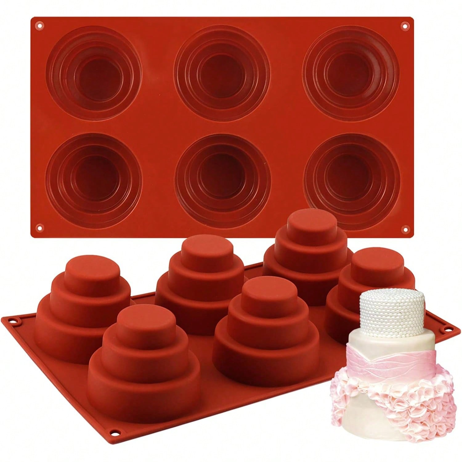 2PCS/1PC6-Hole Mini Three-Layer Cake Silicone Mold Multi-Layer Paper Cupcake Non Stick Circular Baking Mold Suitable For Chocolate Pudding Mousse Cake