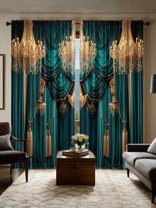 2pcs Elegant Green Polyester Printed Curtains, Modern All-Season Design, 100% Polyester, Light-Filtering, With Rod Pocket, Easy Hanging, Suitable For Kitchen, Laundry Room, Bedroom, Study, Living Room - View 3