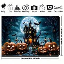 1pc Ghost Night Castle And Pumpkin Lantern Background Banner - Terrifying Bat And Full Moon Design, Suitable For Halloween Decoration, Day Of The Dead Decoration, Christmas, New Year, Autumn Decoration, Party Supplies, Party Decor, Indoor And Outdoor Garden And Courtyard Decoration - Multicolor - View 14