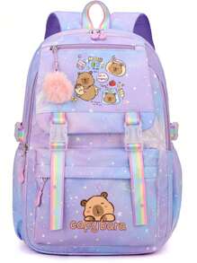 Cute Capybara Nylon Backpack - Lightweight, Spacious, With Fuzzy Pom Pom Decor, Suitable For School And Daily Commute, Available In Blue/Rose Red/Pink/Purple, Travel Backpack , Cute , Back To School