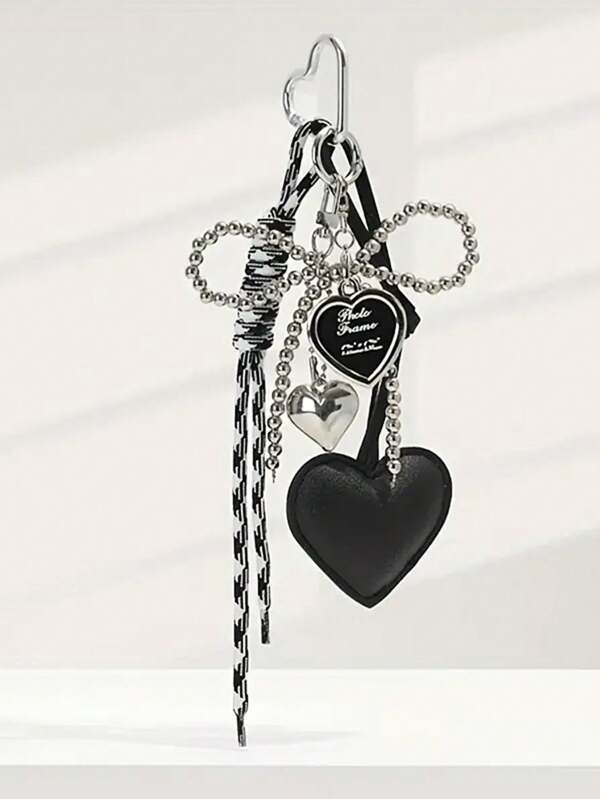 Sanrio 1pc Silver Heart Beaded Bow Keychain Pendant Cute PU Leather Keyring Charm Goth