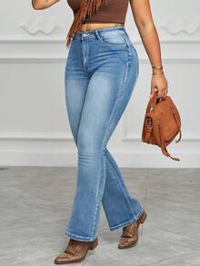 Women's Mid Waist Elastic Flared Jeans For Slimming And Leg Length, Western Denim Style, Versatile For Commuting, Button Zipper, Daily Casual, Retro Pants - Rửa nhẹ - Xem 3