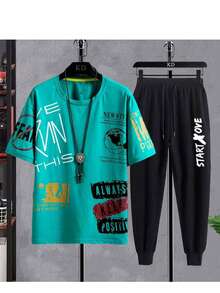 Conjunto de camiseta de manga corta con cuello redondo y estampado de letras, y pantalones cortos casuales para hombre. Conjunto de 3 piezas de verano para hombre - Verde - Ver 3