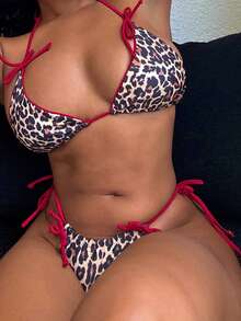 Alexandranx 夏季豹纹蝴蝶结前吊带比基尼女式泳衣套装 - 彩色 - 查看 6