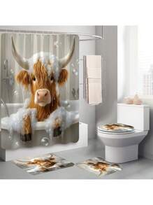 1pc/4pcs Funny Highland Cow Shower Curtain Set, Adorable Yellow Calf Bathing In Tub, Bathroom Set With 12 Hooks, Non-Slip Rugs, Toilet Lid Cover, U-Shaped Mat, Machine Washable, Complete Bathroom Accessories Decor Set Back To School