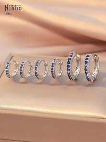 Hihho 6 件简约圆形耳环套装，适合女士，时尚轻盈闪亮方晶锆石嵌入式彩色锆石系列耳环，适合休闲运动装 - 銀色 - 查看 5