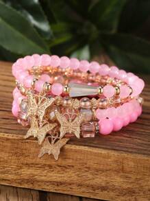 4pcs/Set Boho Multilayer Wooden & Glass Beaded Bracelets With Tassel, Life Tree & Butterfly Pendants, Suitable For Everyday Wear