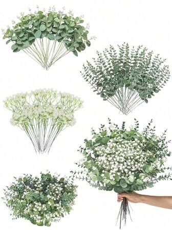 Artificial Baby's Breath Bouquet, Wedding Decor Fake Flowers, Plastic Eucalyptus Leaves & Artificial Tree Branch Floral Set