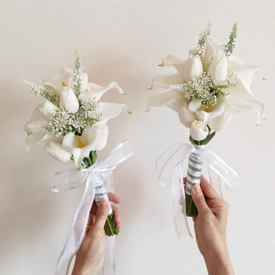 1 套白色新娘婚礼花束，人造郁金香花，逼真触感新娘伴娘婚礼花束，新娘花束婚礼装饰，周年纪念装饰，生日派对装饰，毕业礼物 - 白色 - 查看 1