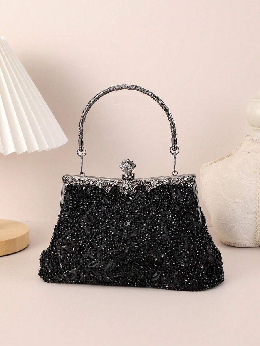 1 pieza Bolso de noche de mano negro con cuentas hecho a mano