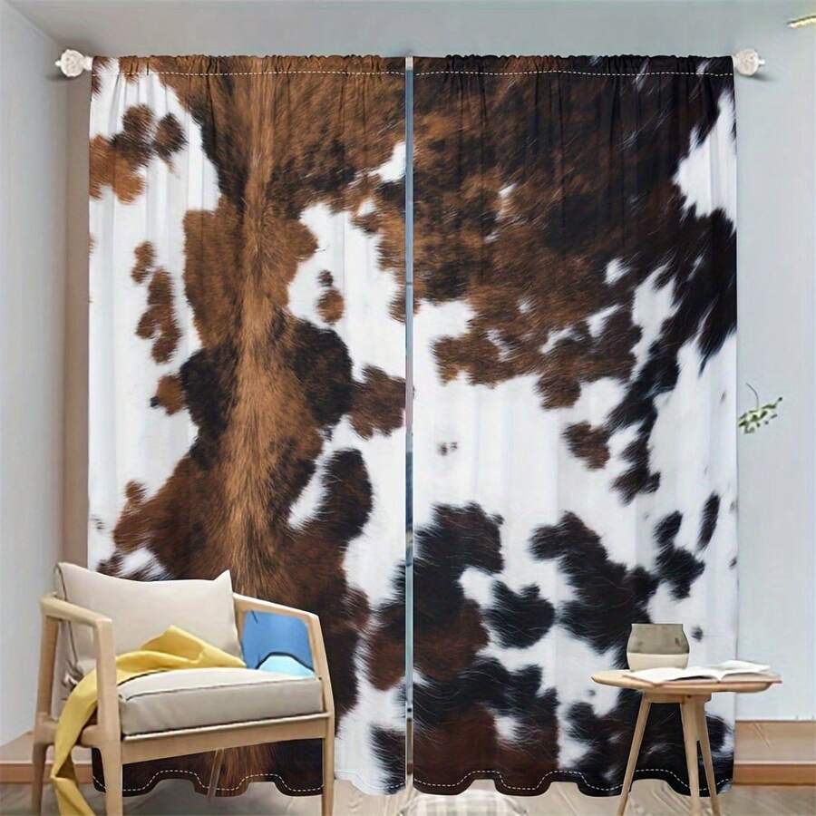 2pcs Modern Faux Leather Curtain Panel, Black & White Cowhide Texture, Lightweight 100% Polyester, Contemporary Farmhouse Style, Light Filtering Privacy, Machine Washable, Suitable For Living Room, Bedroom, Kitchen, Bathroom, Balcony - Multicolor - View 1