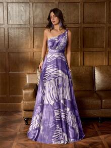 优雅的单肩剪裁雪纺晚礼服搭配 A 字裙——非常适合黑色领带晚宴、红毯盛典、豪华婚礼和艺术画廊活动 - 紫色 - 查看 2