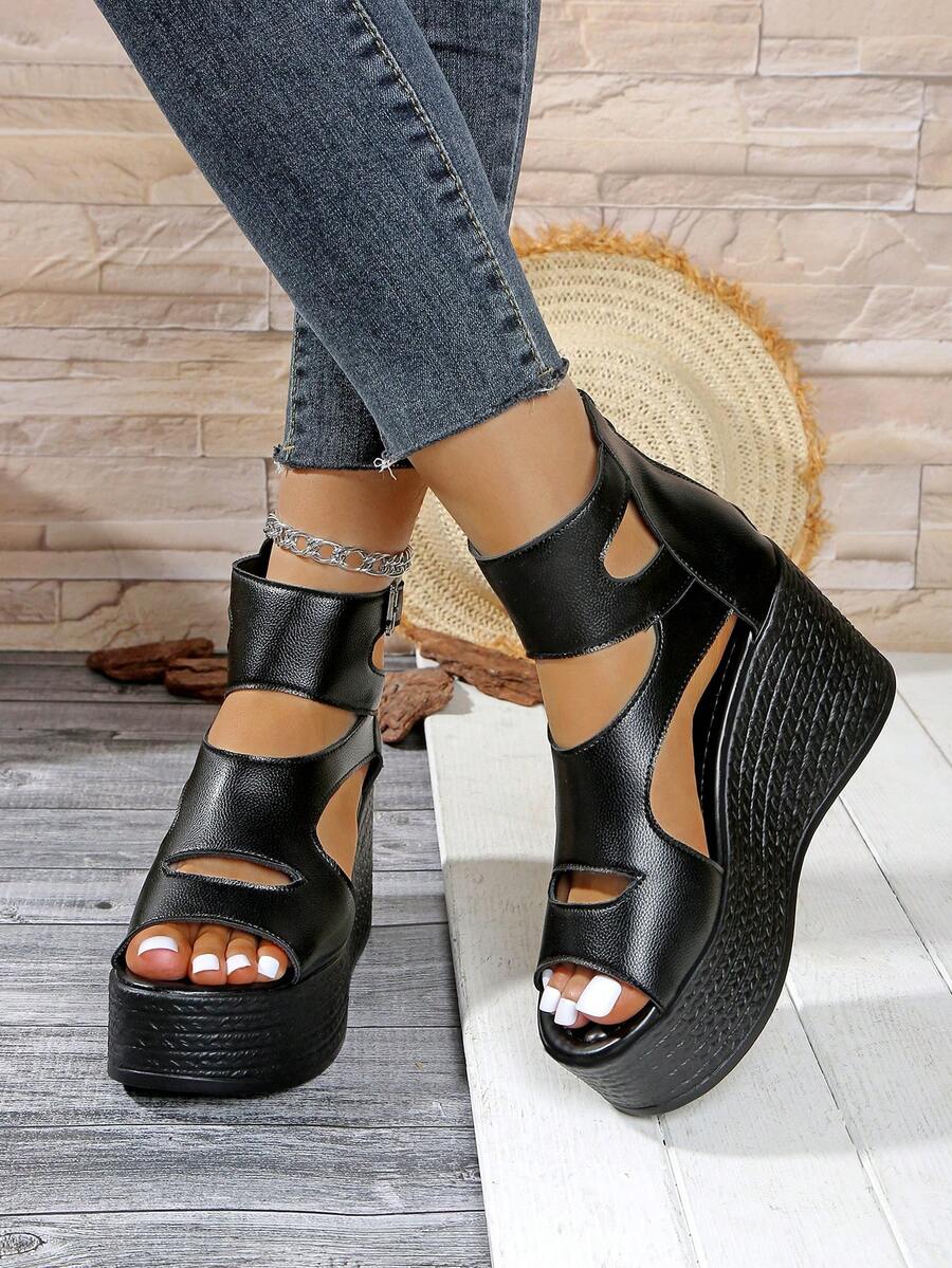 Women's Fashion Versatile Thick Sole Wedge Heel Open Toe Sandals With Zipper Back, Black Color, Summer - Black - View 1