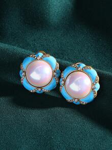 4 件套法式珐琅蓝花瓣仿珍珠镶嵌耳环和戒指首饰套装