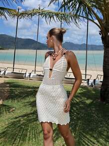 HoloChill Women's Sexy Elegant Knitted Big V Neck Backless Hollow Out Bodycon Vacation Dress For Beach Sundres