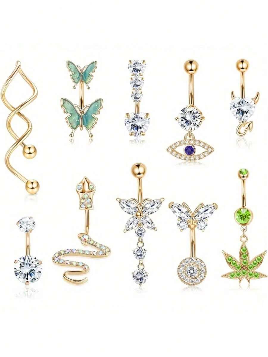 CASSIECA 1 件 14G 肚脐环 悬垂镀金肚脐环 经典肚脐环 肚脐环套装