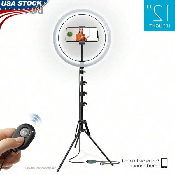 12" LED Ring Light Studio Kit With Adjustable Tripod 10 Brightness Levels 3 Colors USB Powered Remote Shutter Live Streaming