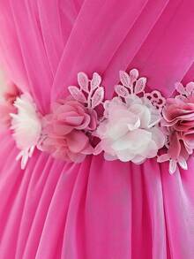 Young Girl Fuchsia 3D Floral Mesh Elegant Christmas Party Dress, Princess Dress Suitable For Girls Birthday Party, Wedding, Festival Celebration - Hot Pink - View 4