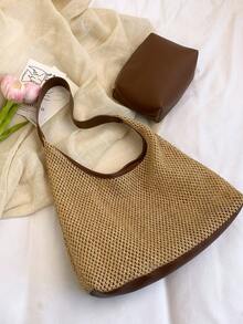 夏季草编单肩托特包，配迷你小袋 - 咖啡棕 - 查看 6