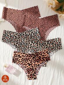 5pcs Women Seamless Leopard Print Briefs, Low Waist Comfortable Sexy Bikini Panties For Fitness & Sport - Multicolor - View 2