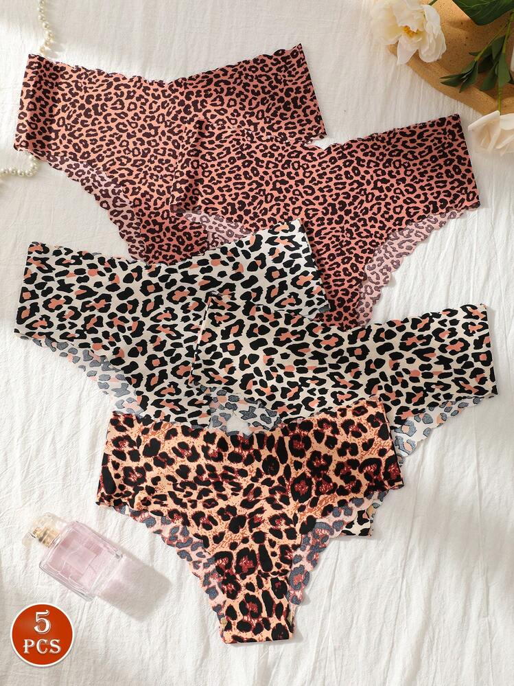 5 st sömlösa leopardtryckta trosor för kvinnor, bekväma sexiga bikinitrosor med låg midja för fitness och sport - Multifärgad - Visa 1