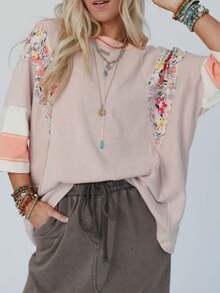 Women's Spring Autumn Loose Tops 3/4 Sleeve Round Neck Floral Print Striped T-Shirt - Pale Pinkish Gray - View 5