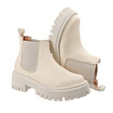 Botas Chelsea de plataforma para mujer, botines cortos de punta redonda de color sólido, cómodas botas de suela gruesa para exteriores Elegante Vintage  Preppy - Blanco - Ver 1