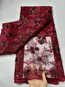 2025 新款时尚优质蓝色/金色亮片花卉刺绣蕾丝花边网布，1 码/5 码女装手工缝纫薄网眼蕾丝面料，适合非洲/尼日利亚/法国红色/银色女士婚纱派对晚礼服制作服装缝纫面料，家居 DIY 装饰面料