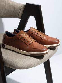 SHOESMALL Men's  PU Fashion Sneakers Classic Retro Casual Yellow Brown Shoes For Men Breathable Business Dress Sneaker - A81Q07-黃褐色 - 查看 5