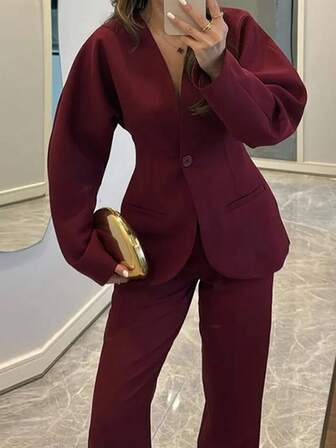 Damen eleganter Hosenanzug, Blazer mit V-Ausschnitt, Puffärmeln und Einzelknopf sowie gerade geschnittene Lässig Hose in Unifarbe
