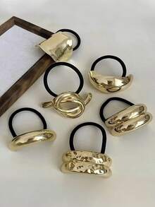 1/3/4/6pcs Set Solid Color Gold Metal Flower, Heart, Geometric Shape Hair Scrunchies, Elegant Vintage Glitter Elastic Hair Accessories For Party, Festival, Daily Outfit, Oval Design Suitable For Women (Small Scratches On Accessories Are Normal), Ponytail Holders, Hair Elastics, Hair Rubber Bands - Gold 6-piece Set - View 4