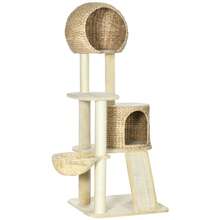Kratzbaum katze Mit Katzenhaus aus Rattan, mehrere Plattformen, Hängematte & Rampe, Kippschutz, Plüsch, Beige, 60 x 60 x 150 cm - Beige - Übersicht 2