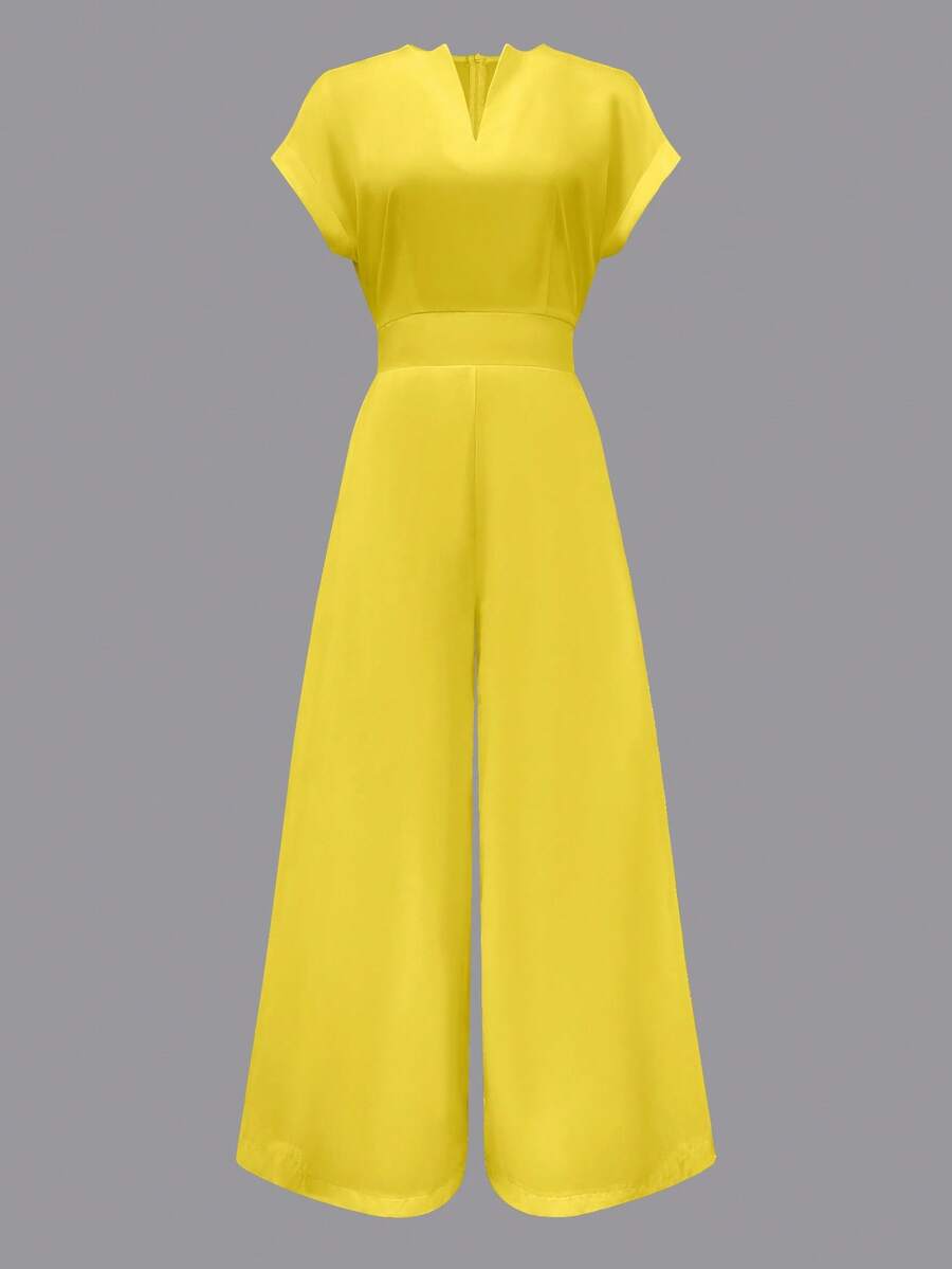 Macacão feminino elegante, solto, perna larga, verão - Amarelo - Ver 1
