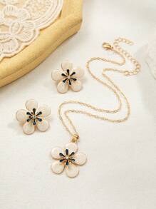 1 Paar Ohrringe & 1 Halsketten Set, modisches Legierungs-Strass-Email-Blumen-Design Ohrringe und Halskette Set, geeignet für den täglichen Gebrauch