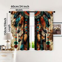 Bohemian Feather Pattern Semi-Sheer Curtains - 2pcs Polyester Pongee Woven Rod Pocket Drapes For Bedroom, Embossed Knit Fabric, Machine Washable Contemporary Window Treatments - Fashion Curtain Panels For Living Room & Office Decor