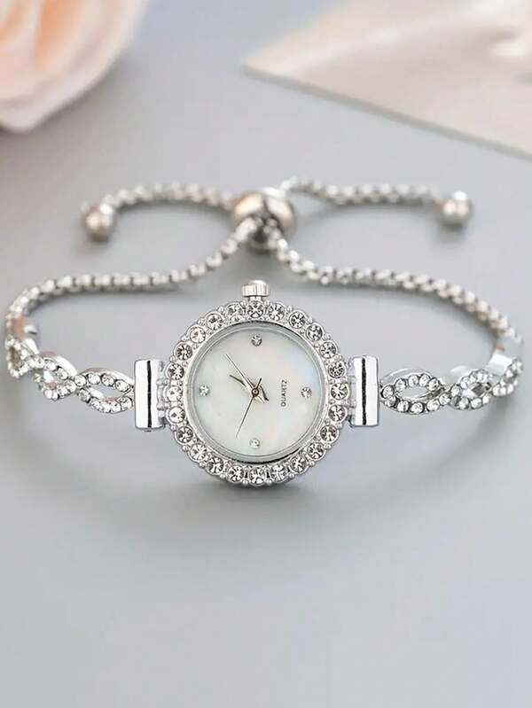 1pc/2pcs Fashionable Women's Bracelet Watch, Luxury Round Dial With Rhinestone Diamond Crystal Ripple Design, Alloy Quartz Watch, Gift For Girlfriend