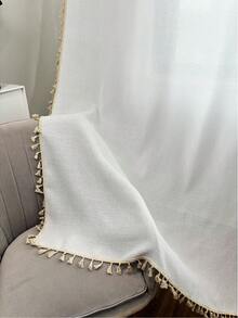 1 件白色薄纱窗帘，带米色流苏，简约风格，适合卧室/客厅