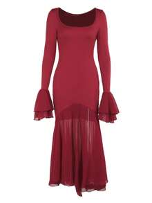 Vestito a maniche lunghe con volant in vita, da donna, per l'autunno